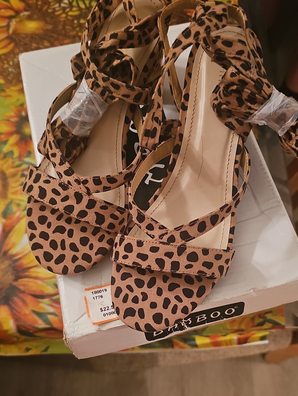 BAMBOO Leopard Print Ankle-Tie Heels - Tan & Black